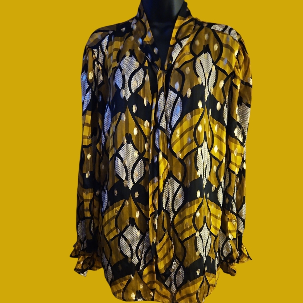 Ashley Stewart Black and Gold Abstract Blouse